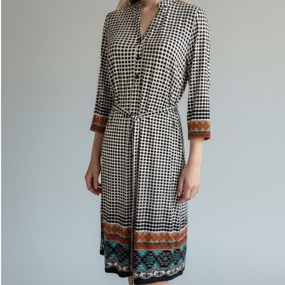 Mile Gabrielle Shift Dress M Polka Dot Print‎ 3/4 Sleeve Belted Geometric Trim